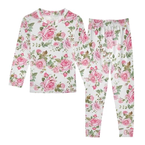 ALAZA Rose Flower Floral Leaves Watercolor Pajamas Long Sleeve Sleepwear 2-Piece Pajama Set