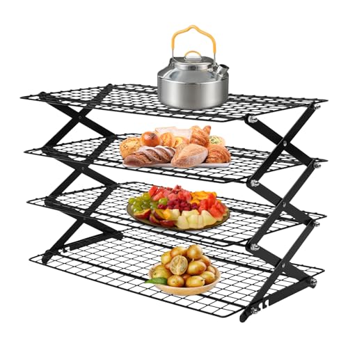 4-Tier Collapsible Cooling Rack Outdoor Camping Picnic Storage Display Shelf for Baking, Party, Barbecue,Place Food, Bakeware, 15.75''x9.84''x1.97'', Black, Black