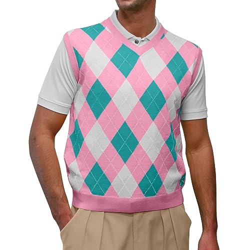 V-Neck Argyle Golf Sweater Vests - Golfknickers: Mens - Pullover - Pink/White/Teal - Large