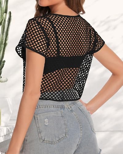 Image of Womens Sheer Mesh Top Fishnet T Shirts Short Sleeve See Through Casual Crop Tops