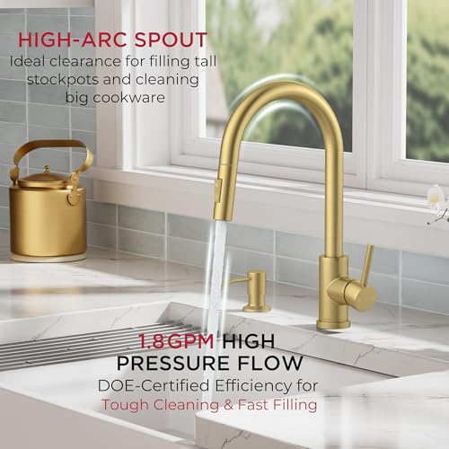 Image of FORIOUS Gold Kitchen Faucet with Pull Down Sprayer, Modern Single Hole Kitchen Sink Faucet with Soap Dispenser, Deck Plate, Single Handle, High Arc Stainless Steel for RV Bar Farmhouse Laundry