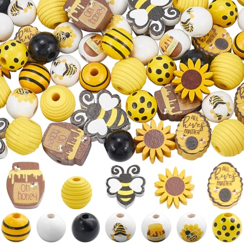 SOFPLATE 200Pcs 12 Styles Bee Bead Wood Honeycomb Beads Bulk Honey Jar Spring Summer Yellow Flower Rustic Farmhouse Bee Craft Loose Wooden Beads for Bracelet Beading Necklaces Home Decor DIY Crafts