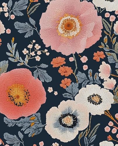 Boho Wallpaper Peel and Stick,Vintage Dark Blue/Pink Floral Conta...