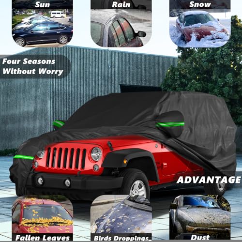 Image of Car Cover for Jeep Wrangler 4 Door (1987-2025) JK JL CJ YJ TJ, Waterproof All Weather Car Cover for Automobiles, Outdoor Windproof, Dustproof, UV Proof Protection Fit for Jeep Wrangler (Black)