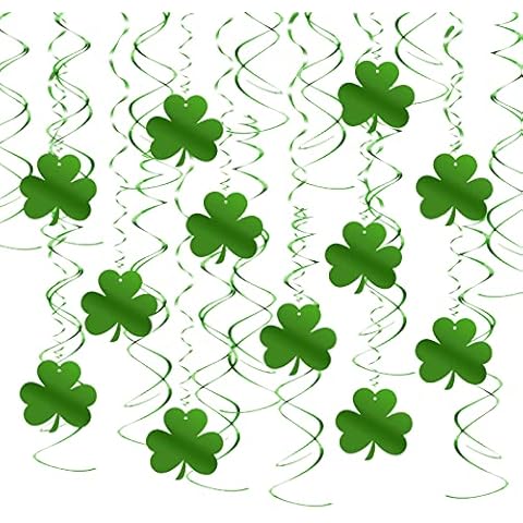 MENGON 30 Pcs Shamrock Hanging Decorations St Patrick's Day Hanging Garland Swirl Shamrock Decorations for St Patrick's Day Irish Party Pendant Ornaments Green Cover
