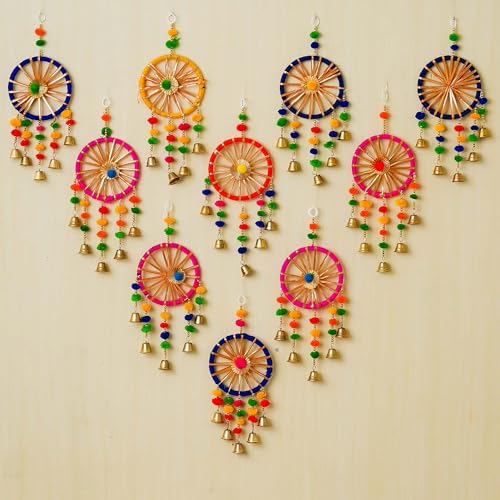 Image of eCraftIndia Gota Patti Bangle & Bells Decorative Wall Door Hangings Latkan Toran for Main Door Entrance, Pooja Room- Wedding, Ganpati Navratri Diwali Decoration Items for Home Decor-(Pack of 12)