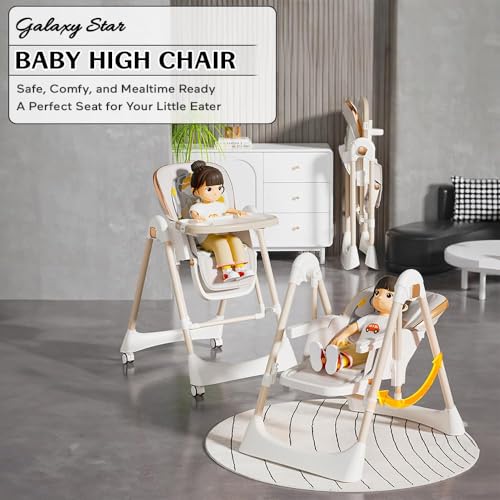 Image of StarAndDaisy Baby High Chair /Galaxy 2 in1 Rocking Baby High Chair for Boys and Girls Dining Chair 4 Level Reclining Position, Adjustable Height, Locking Wheels, 5 Point Safety Belt -(Grey)
