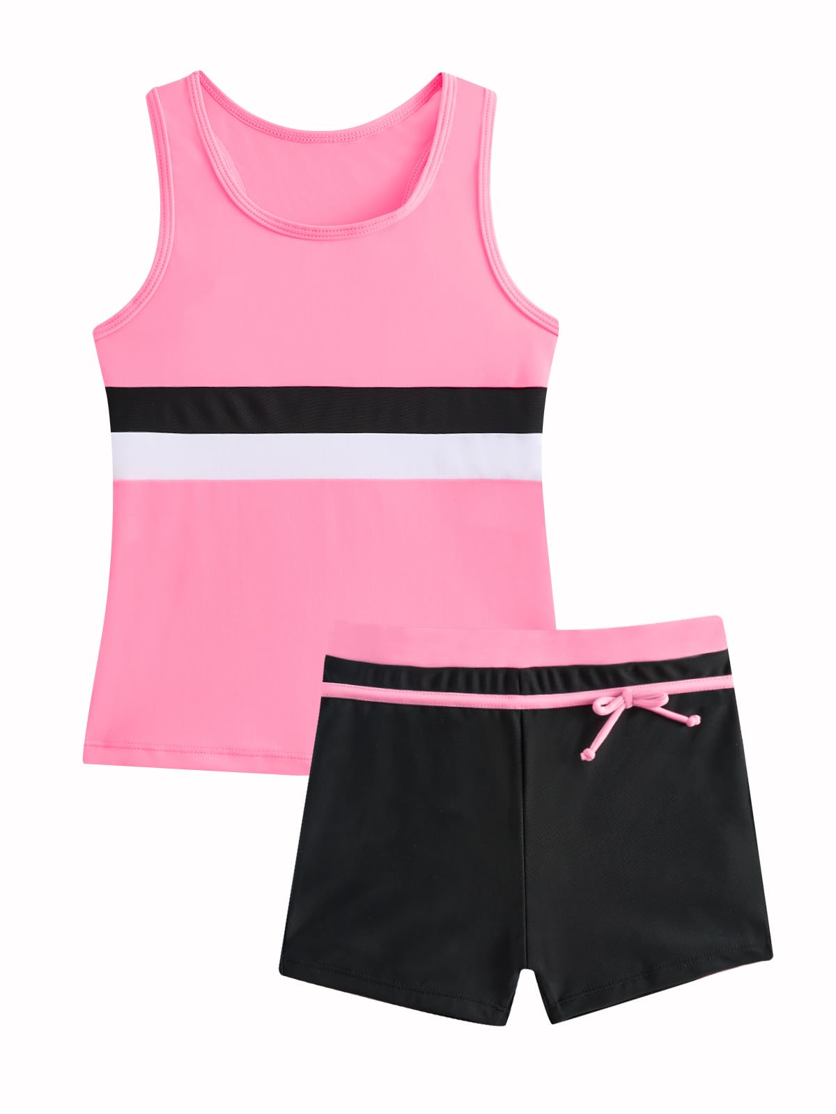JiAmy Traje de baño tankini de 2 piezas para niñas, conjunto de traje de baño deportivo sin mangas con espalda cruzada y pantalones cortos, traje de baño de rayas con bloques de color para niñas de 5
