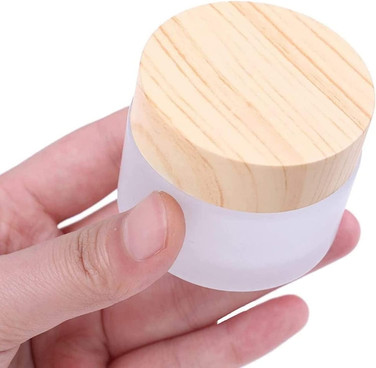 Sxminer 6 PCS 50 Gram Empty Glass Jars Bottles Frosted Glass Cream Jar 50ml Refillable Cosmetic Containers Empty Sample Jar Wood Grain Lids Travel Pot Jars for Makeup Lip Scrub Balm Face Creams Lotion