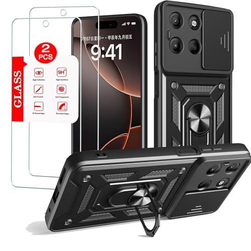 Image of for Motorola Moto G15 Case with [2 Pack] Tempered Glass Screen Protector, for Moto G15 Case Heavy Duty Armor [Military-Grade] Protective，with Magnetic Stand Phone Cover Black