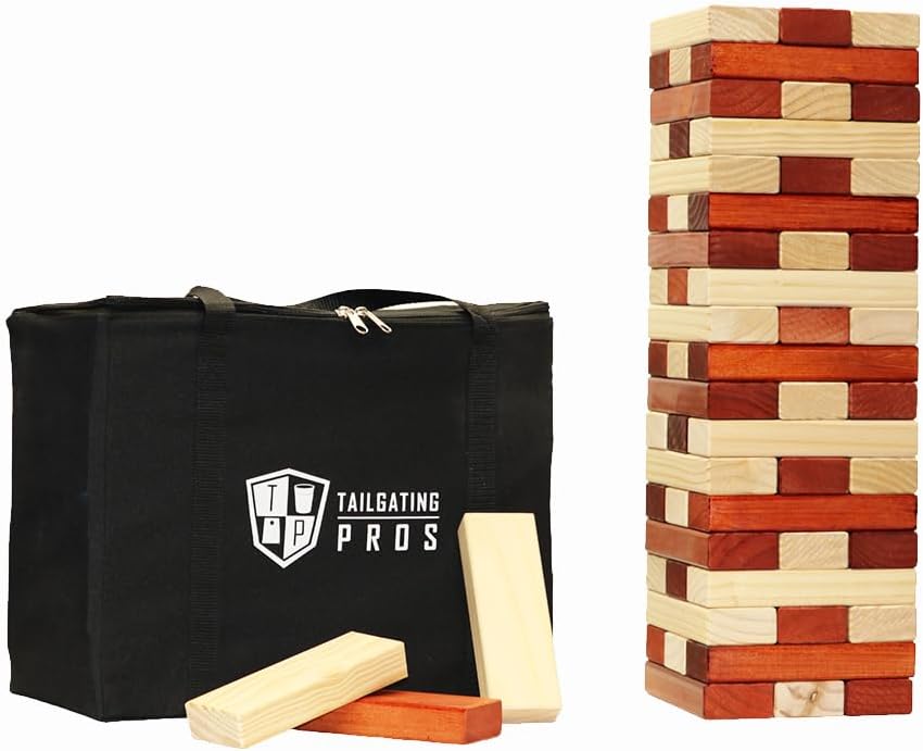 Tailgating Pros Premium Giant Toppling Timbers with Tote – Jumbo Outdoor Yard Game, Tower Grows to Over 5 Feet!– Optional Tipsy Stickers Available!