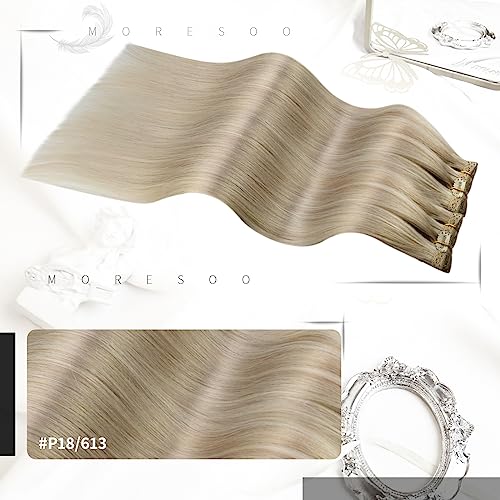 Moresoo Human Hair Extensions Clip in Highlight 22 Inch Ash Blonde with Platinum Blonde Clip in Hair Extensions Real Hair Full Head 7 Pieces/120g #P18/613 - Image 2
