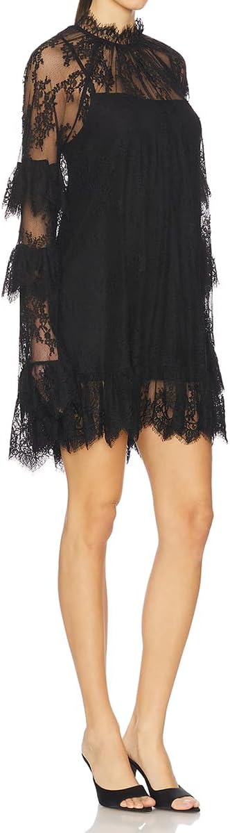 Women Lace Floral Sheer Mini Dress Sexy See Through Long Sleeve Dress High Neck Loose Ruffle Dresses Beach Cover Up - Image 5