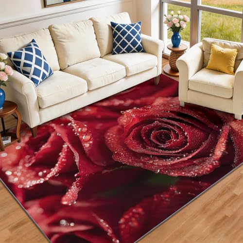 Diseño Estética Floral Rosas Rojas Gotas De Rocío, Alfombra Lavable y Antideslizante 140 x 200 cm, Suave y Cómoda para Salón, Dormitorio o Comedor Mujer, Rojo