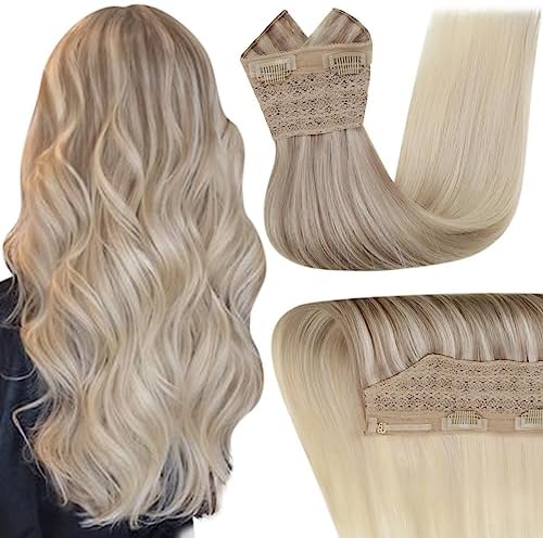 Easyouth Wire Hair Extensions Real Human Hair, Secret Fish Line Hair Extensions Blonde Clip in Wire Extensions Ash Blonde Fading to Platinum Blonde Mixed Blonde Wire Hair Extensions Nordic 12 inch 70g