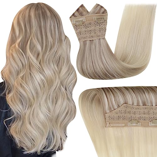Easyouth Wire Hair Extensions Real Human Hair, Secret Fish Line Hair Extensions Blonde Clip In Wire Extensions Ash Blonde Fading To Platinum Blonde Mixed Blonde Wire Hair Extensions Nordic 12 Inch 70G #TOP6