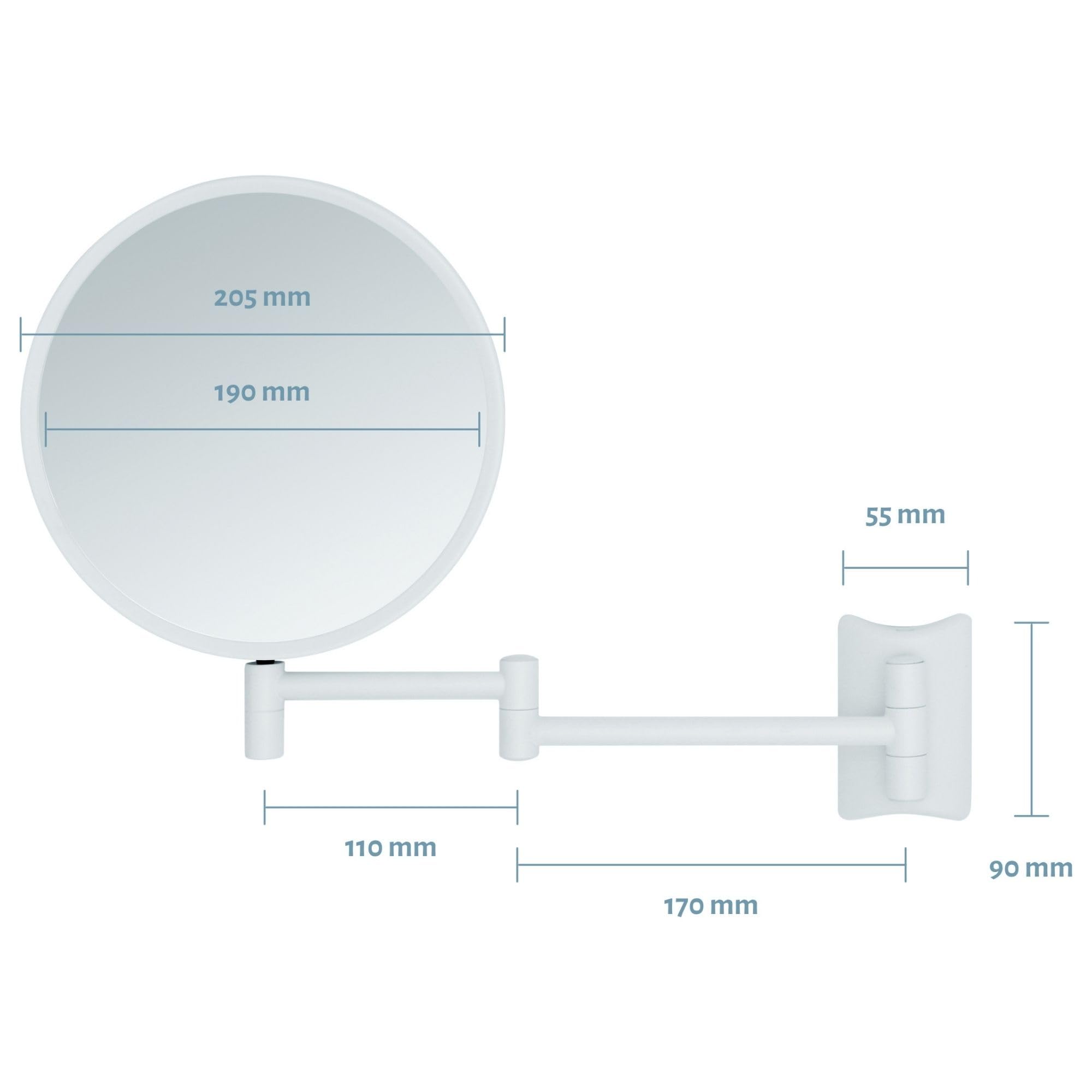Imola Specchio Ingranditore da Parete – Specchio Trucco Girevole a 360° – Specchietto Bifacciale per Rasatura con Ingrandimento – Braccio Estensibile in Metallo, Ø 19 cm (Bianco 3x / 7x)