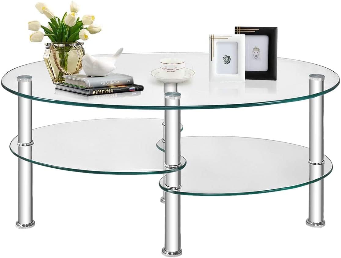 Moccha Glass Coffee Table, 3-Tier Modern Oval Smooth Glass Tea Table w/Spacious Glass Desk-Top & Sturdy Chrome Plated Legs, End Table for Home Living Room Office Reception (Clear)