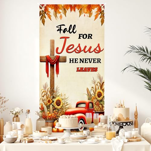 Image of Fall for Jesus Door Cover 35x71in Cross Pumpkin Autumn