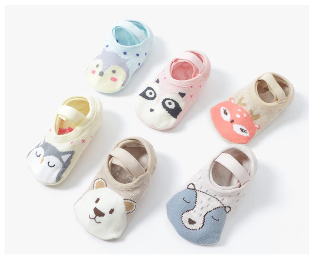 LOOLY 6 Pairs Baby Toddlers Non Slip Ankle Socks with Grips Animal Infant Floor Socks,14-16,6Bear