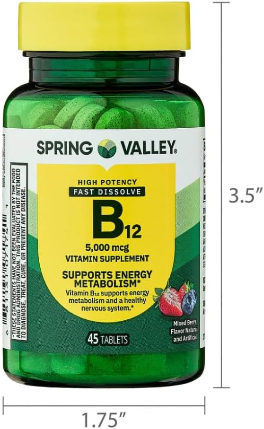 Spring Valley Vitamin B12 Fast Dissolve Tablets, 5000 mcg, Mixed Berry Flavor, Supports Metabolism, 45 Count