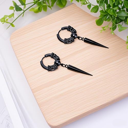 Men's Fashion Korea Style Stainless Steel Huggie Hinged Hoop Earrings with Long Chains Dangle Retro Feather Leaf Skull Awl for Men Women Boys4