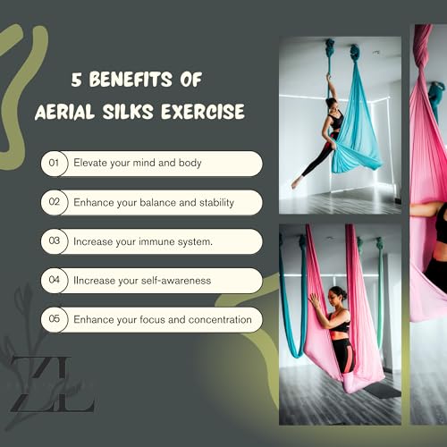 ZEAL'N LIFE Aerial Silks 11 Yards - Durable Aerial Silk with Extension Straps, Carabiners & Guide, Aerial Silks for Home, Ariel Swing, Arial Silks, Silks For Gymnastics, Arial Yoga (Aerial Silks Blue)