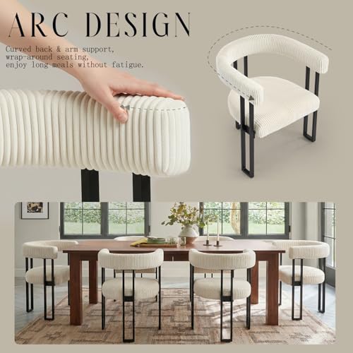 Image of Modern Corduroy Dining Chairs Set of 4 with Metal Legs,Comfy Accent Dining Room Chairs Upholstered Kitchen Side Chairs with Curved Backrest for Dining Room Kitchen Living Room (White,4)