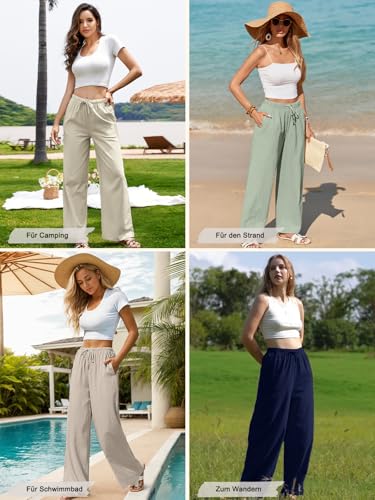HAPYWER Leinenhose Damen Weites Bein Sommerhose Leichte Freizeithose Lang Stoffhose High Waist mit Gummizug Palazzo Strandhose mit Taschen(Schwarz,L)
