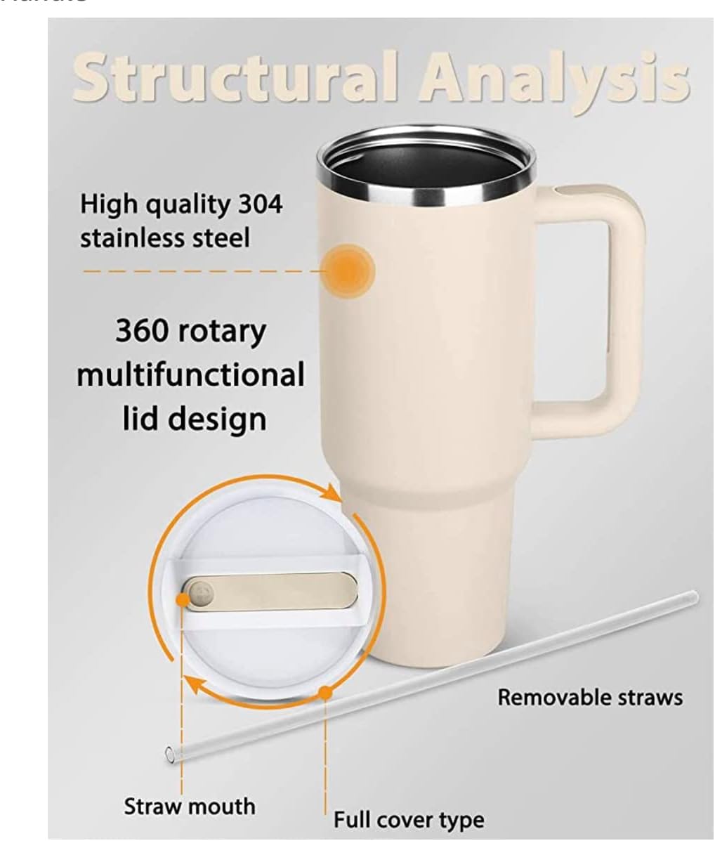 Budget Friendly Stainless Steel Vacuum Insulated 40 oz Tumbler with Handle and Lid with Straw for Water, Iced Tea or Coffee… (Dune)