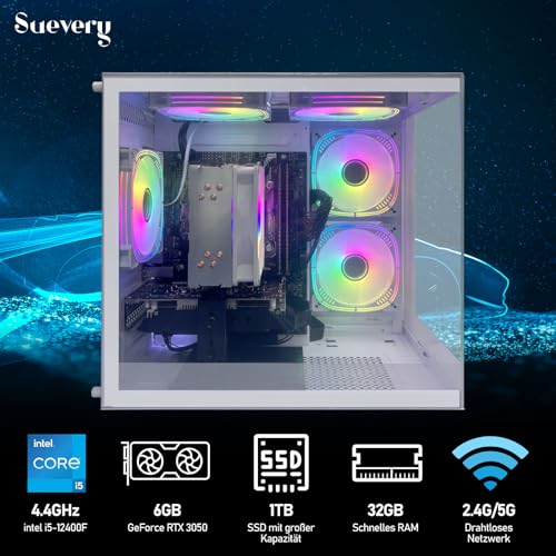 suevery Gaming PC Core i5-12400F (6 Kerne 12 Threads, bis 4,4 GHz) Desktop Computer Tower RTX 3050 6GB | 32GB RAM | 1TB NVMe SSD | WLAN | Win 11 | Prebuilt Gamer PC (Weiß)