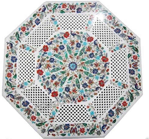 24 x 24 Inches White Octagon Shape Marble Coffee Table Top Semi Precious Stones Inlay Work Patio Table from Indian Vintage Art and Crafts