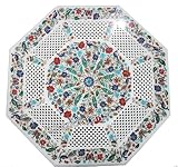 24 x 24 Inches White Octagon Shape Marble Coffee Table Top Semi Precious Stones Inlay Work Patio Tab