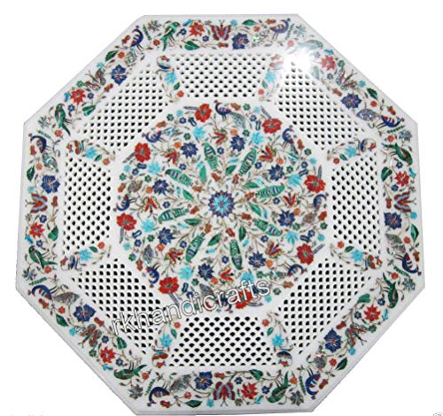 24 X 24 Inches White Octagon Shape Marble Coffee Table Top Semi Precious Stones Inlay Work Patio Table From Indian Vintage Art And Crafts #TOP3