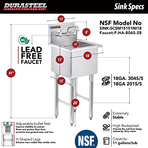 Stainless Steel Prep & Utility Sink - Durasteel 1 Compartment Commercial Kitchen Sink - Nsf Certified - Single 15" X 15" Inner Tub With No Lead Faucet (Restaurant, Kitchen, Laundry, Garage) #TOP1