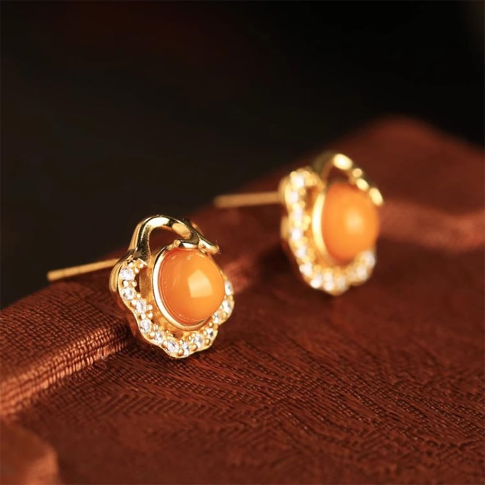 S925 Silver Gold-Plated Natural Beeswax Ruyi Earrings Jade for Women Yoga Genuine