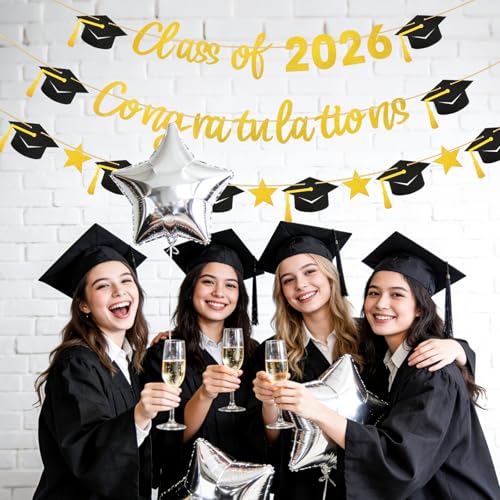 Image of Graduation Banner, Class of 2026 Pre-Strung Black Gold Glitter Banners Graduation Garland for Congratulation Graduations School Home Party Decorations