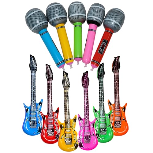 Inflatable Guitar, Wicked Party Decorations with 6 Inflatable Microphones and 6 Colorful Guitars, Blow Up Musical Instruments for Kids Birthday Parties, Karaoke Events, Photo Props