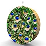 Peacock Feather Print Hardwood Oak Fan / Light Pull