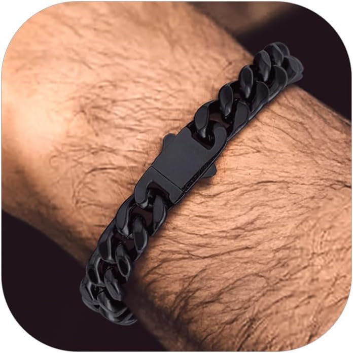 Bandmax Mens Hip Hop Cuban Link Bracelets 5/7/9/12MM Stainless Steel Miami Curb Chain Bracelet Silver/Gold Plated/Black Wristlet Chains for Men 7"-9"