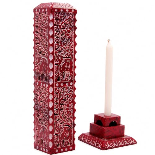 Image of Handmade Marble Soapstone Incense Stick Burner | Candle Stick Holder | Tea Light Burner - Flower and Elephant Carving Decorative (3 x 3 x 11 Inches)(Square, Red)