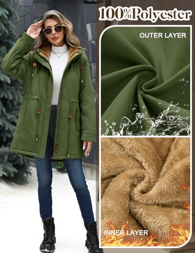 Vancavoo Winterjacke Damen Wintermantel Warm Gefüttert Winterparka Winter Jacket Mäntel Verstellbarer Kordelzug Parka Kapuzenmantel Frauen mit Kapuze,Grün,L