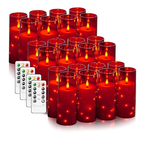 Image of kakoya Flameless LED Candles with Timer 24 Pc Flickering Flameless Candles for Romantic Ambiance and Home Decoration Stable Acrylic Shell,with Embedded Star String,Battery Operated Candles(Red)