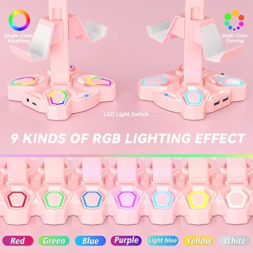 KDD Gaming RGB Headphones Stand, Rotatable Headset Stand with 9 Light Modes - Controller Holder with 2 USB Charging Ports and 3.5mm & Type-C Port - Earphone Hanger Accessories for Desktop Gamer(Pink)