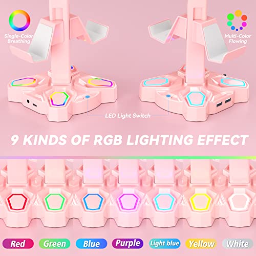 image for KDD RGB Headphone Stand with 9 Light Modes - Rotatable Pink Game Heads