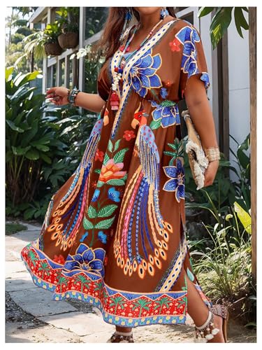 Image of Floerns Women's Plus Size Tribal Print Dolman Sleeve Slit Summer Maxi A Line Dress