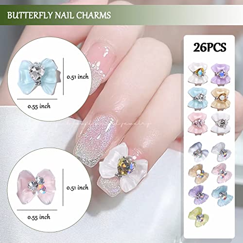 26Pcs Butterfly Nail Charms, 3D Butterfly Nail Rhinestones With Heart Crystals Design, Nail Art Charms For Nail Gems Nail Art Decorations Nail Jewels Accessories Diy Acrylic Nail Supplie #TOP2