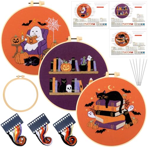 Image of Mindsoft 3 Set Needlepoint Kit for Beginners with Hoop,Halloween Booklover | Bamboo Hoop Thread Needles Instructions, Easy Hand Embroidery for Beginners Home Crafts,Pre-stamped Funny Cute Designs