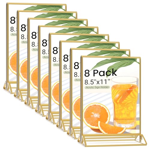 8 Pack Acrylic Sign Holder 8.5x11 Gold Acrylic Frame Clear Table Number Holders Picture Frames Double Sided Gold Frame for Wedding Party Decoration Restaurant Menu Home Display Stand