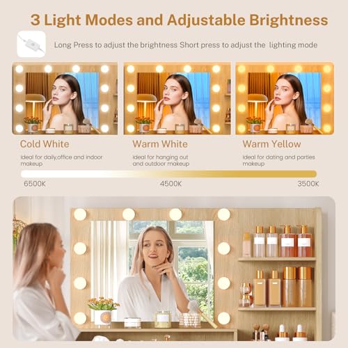 Image of FIONESO Vanity Desk with Mirror and Lights, Makeup Vanity with 5 Drawers & Storage Shelves, 3 Color Modes & Adjustable Brightness, Fluted Vanity for Girls, Natural